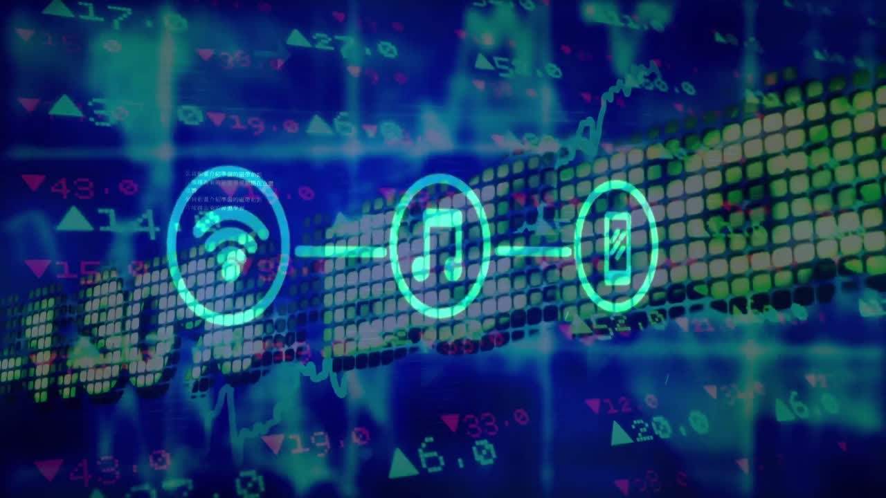 animación del procesamiento de datos sobre iconos de medios