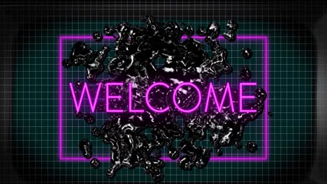 Animation-of-neon-purple-welcome-text-banner-over-liquid-shape-floating-against-green-background