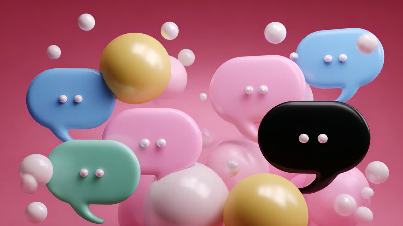 An Artistic Representation of Colorful Speech Bubbles Playfully Interacting with Soft Textured Spheres Against a Blurred Pink Background, Capturing the Essence of Communication and Expression