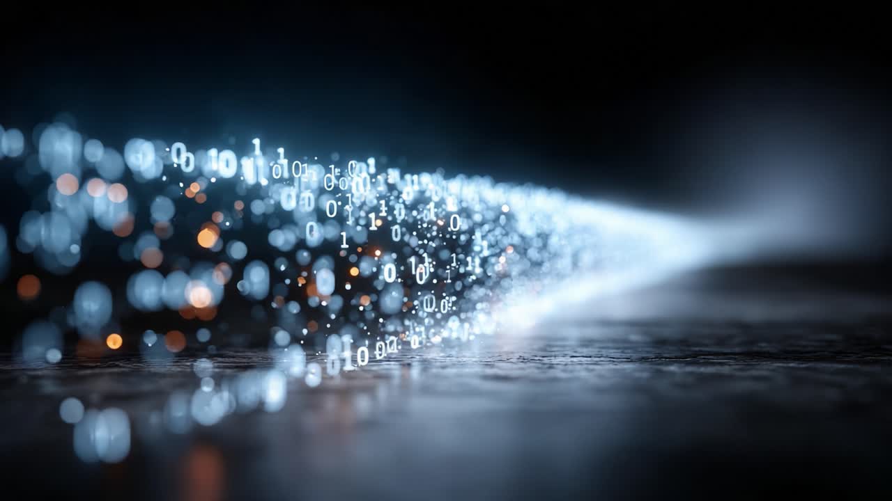 A Stunning Visual Representation of Data Flow in the Digital World, Featuring Streams of Binary Code Light Pulsing Across a Dark Surface