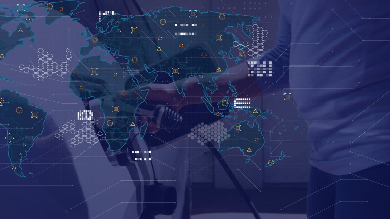 전기 자동차를 충전하는 아프리카계 미국인 여성에 대한 데이터 처리 애니메이션