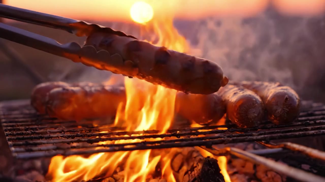Orizzonte Dorato: Salsicce alla Griglia su Fuoco di Carbone con Sfondo al Tramonto, Catturando l'Essenza della Cucina all'Aperto e del Piacere nella Natura.