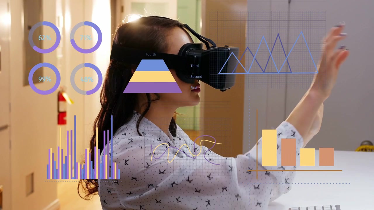 Woman wearing VR headset gesturing to HUD, initiating charts and gauges updating for analytics