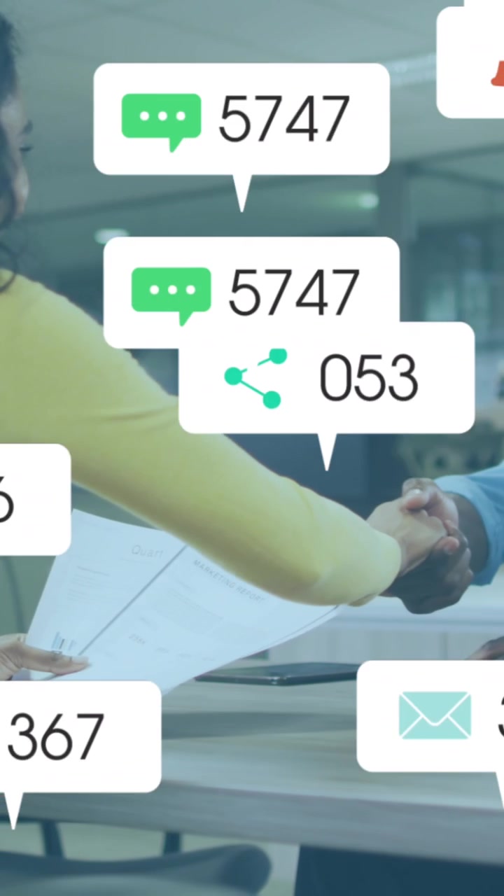 Animation of social media data processing over diverse business people in office