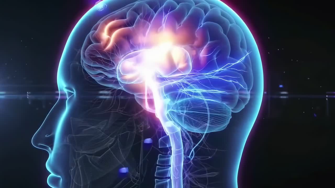 Vista lateral de um cérebro brilhante em um vídeo digital, exibindo atividade neural em cores vibrantes