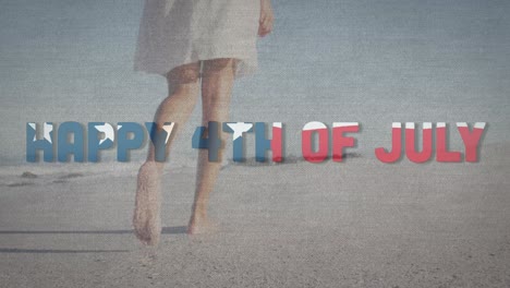 animation of happy 4th of july text with american flag pattern waving over woman walking on beach