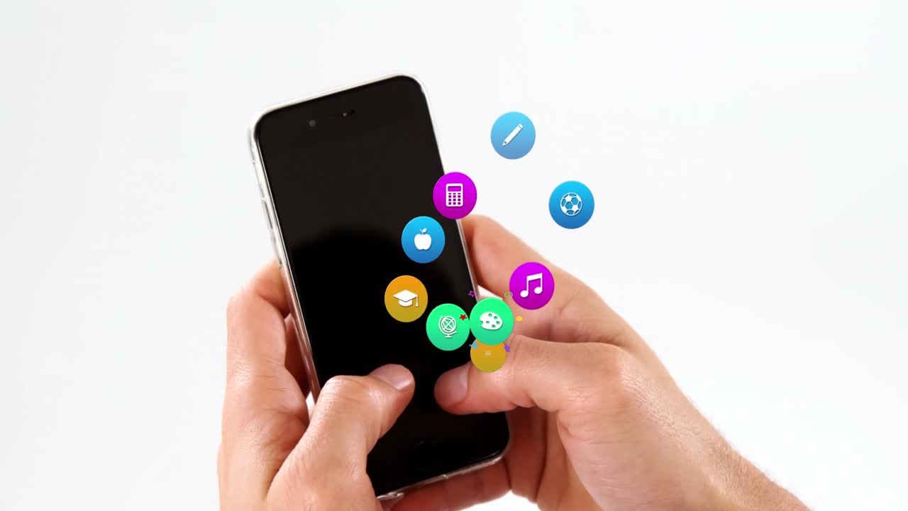 Animation of colorful icons over hands using smartphone