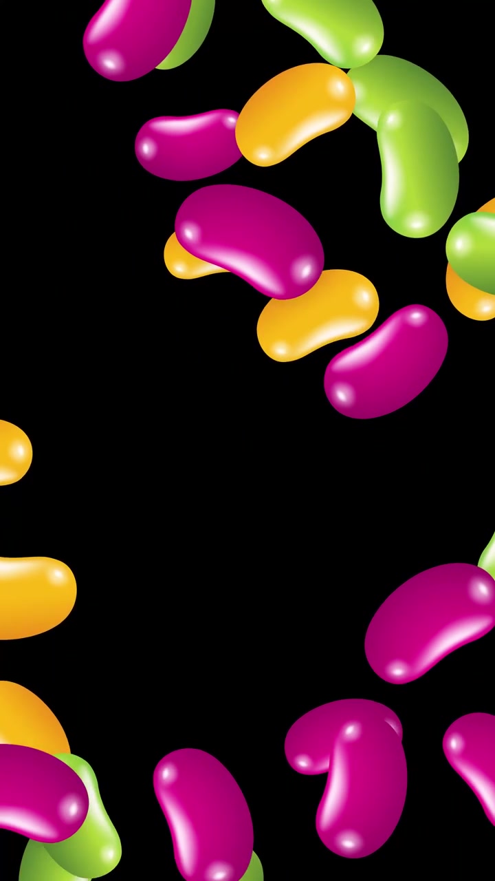 Vibrant pink, green, and orange jelly beans fall through a vertical frame against black.