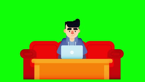 animación de un niño usando una computadora portátil con un sofá de brazo largo y una mesa.