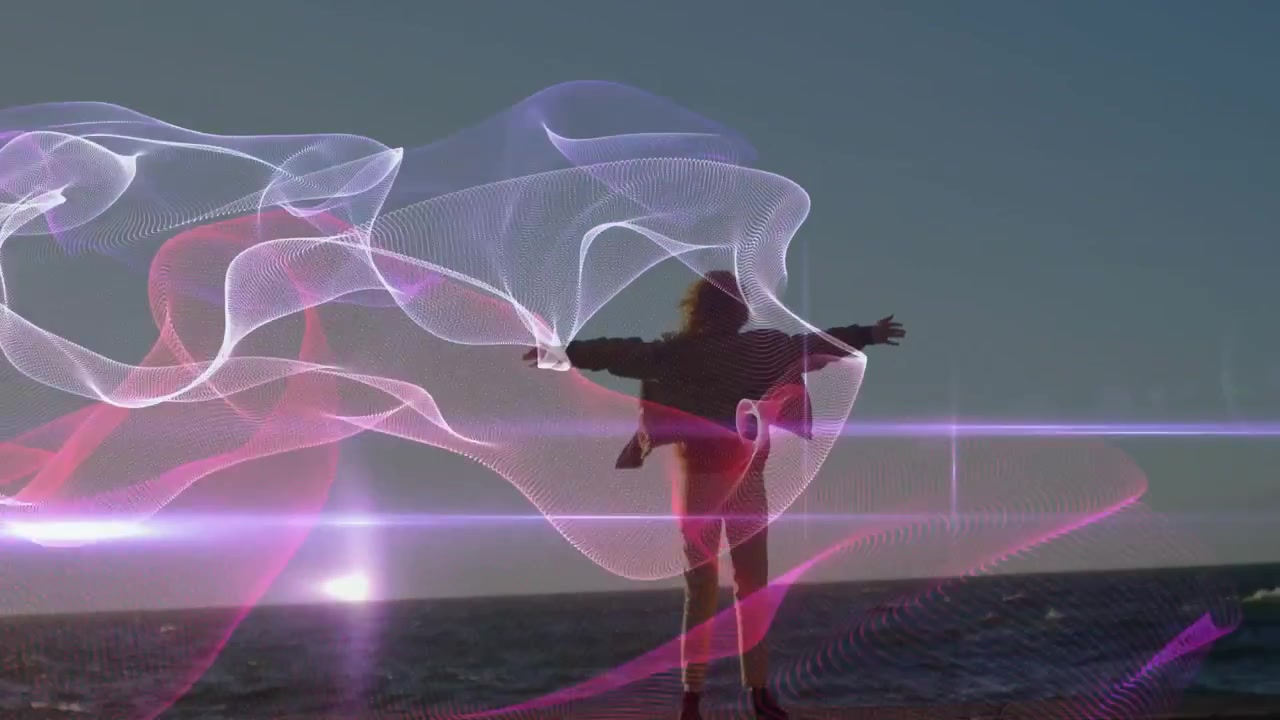Žena na římse s roztaženýma rukama, stuhy vstupující zleva, obtáčející se kolem ní s odlesky, VFX pro designéry.