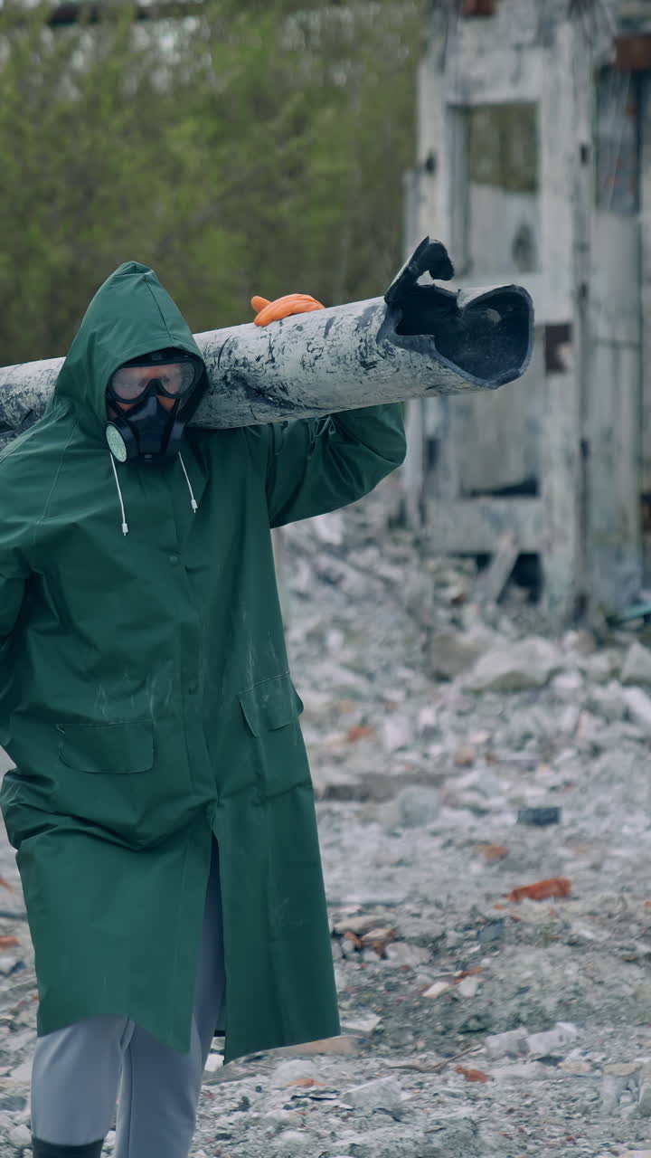 Scientist in protective uniform walking down the street. Man in epidemic suit walking down the street. Vertical video