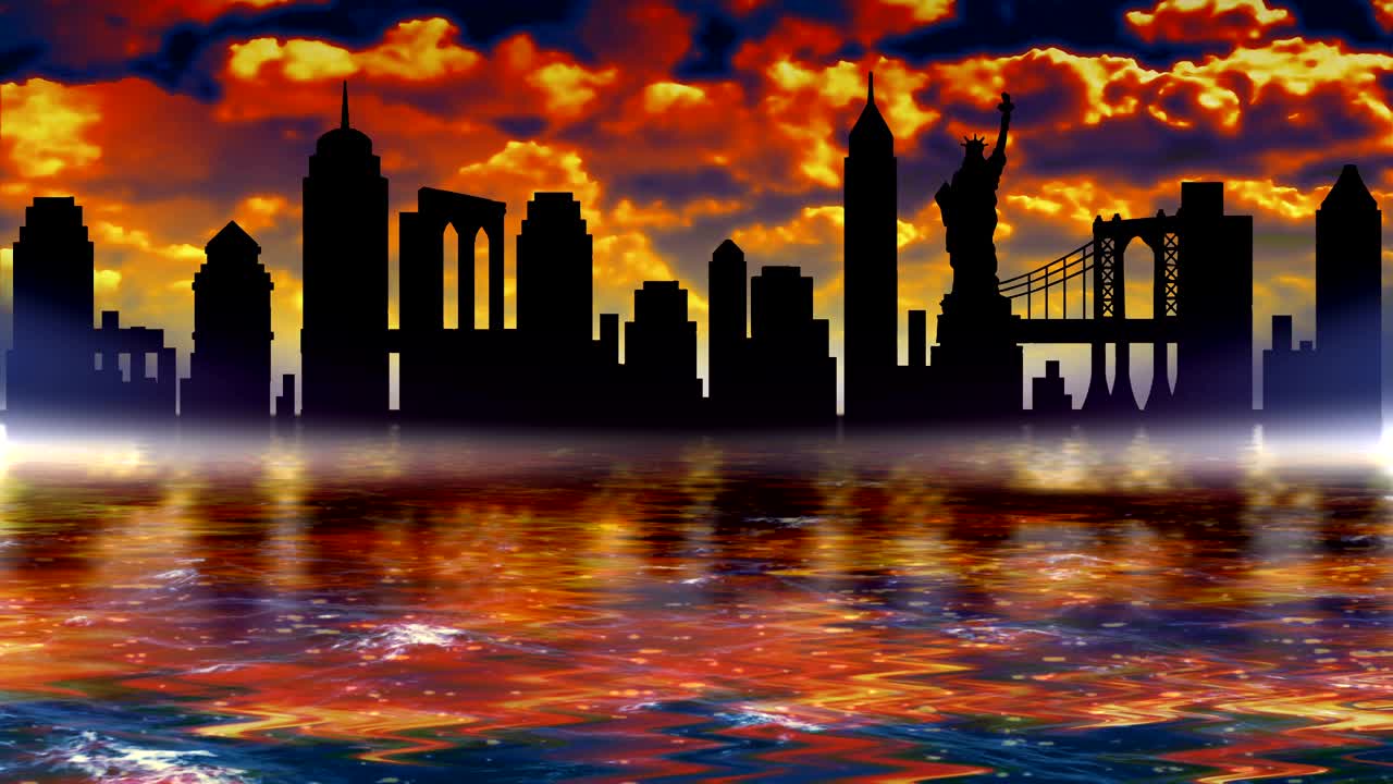 Panorama of the sights of New York. The outlines of buildings are reflected in the water.