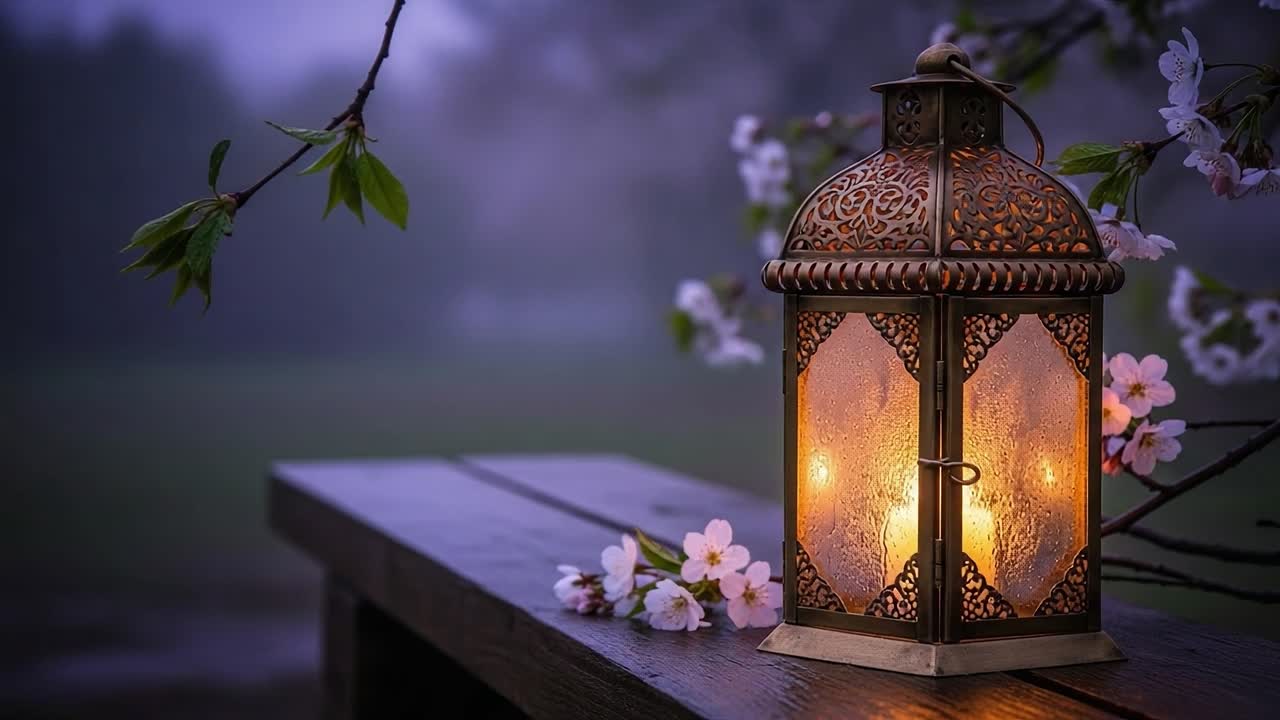A Beautiful Lantern Illuminated Amidst Blossoming Cherry Flowers, Capturing a Romantic Moment at Dusk Surrounded by Nature's Tranquility and Soft Light