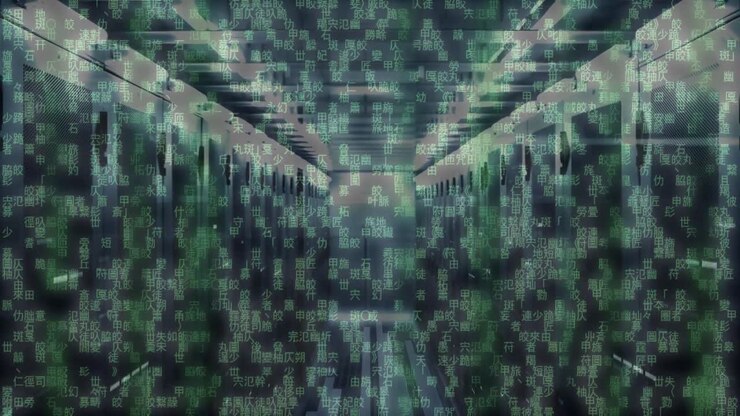 Animation of data processing and light trails over computer server room