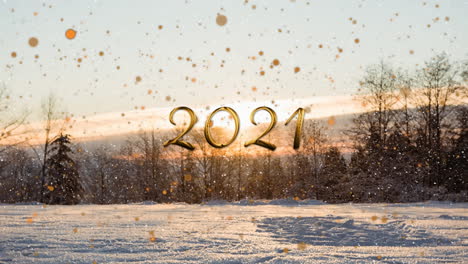 animation of 2021 over golden falling dots and winter landscape