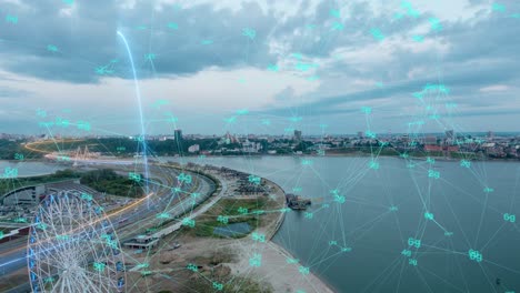 la ciudad inteligente imágenes aéreas de drones hologramas arcos de información que se forman durante la comunicación de red red futurista red y tecnología 5g drone baja luz 4k. bucle de video, lapso de tiempo
