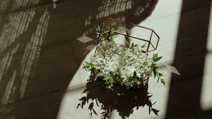 Geometric glass box with gold frame holds gypsophila and green leaves on a wooden floor patterned by window shadows.
