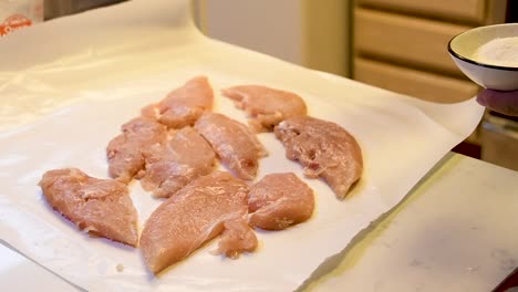 salting raw chicken hand visible.? slow motion