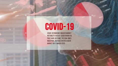 animation of covid 19 text and data processing over caucasian male doctor at hospital