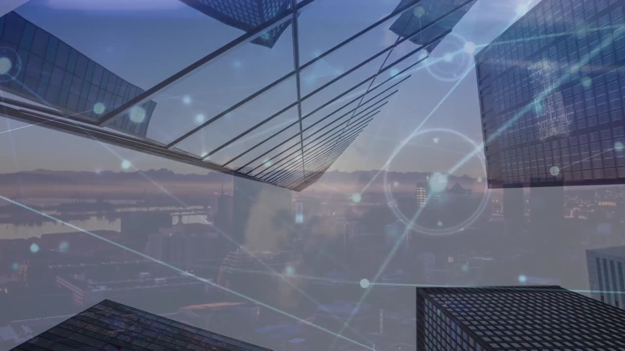도시 풍경과 오피스 빌딩에 대한 연결 네트워크의 애니메이션