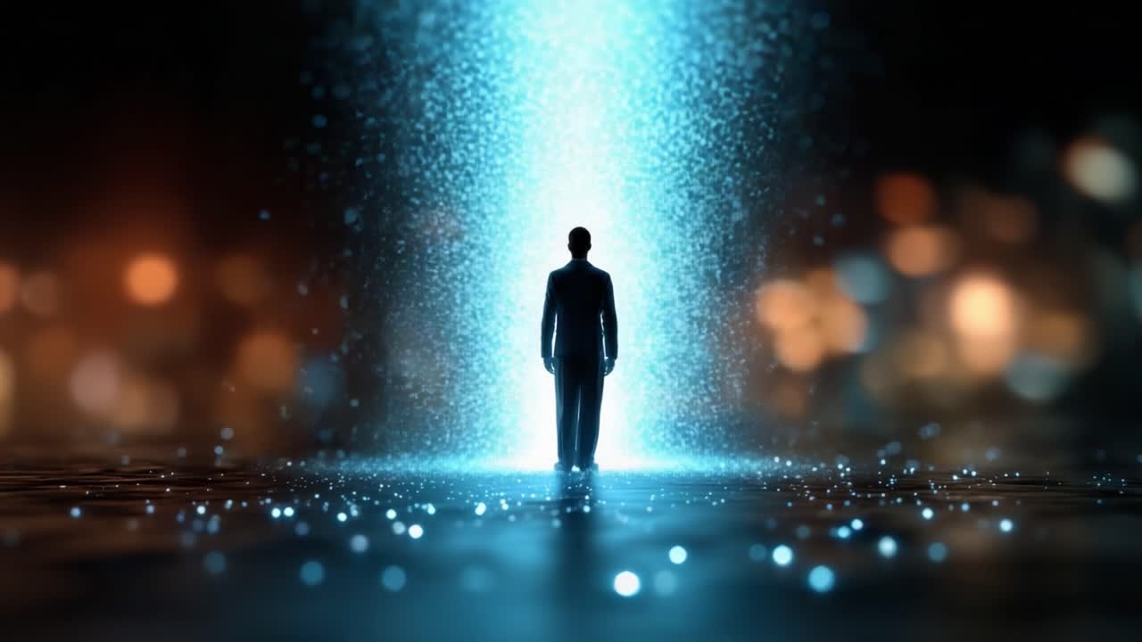 A solitary figure stands amidst a captivating cascade of shimmering particles and ethereal light, evoking a sense of wonder, mystery, and introspection in a digital realm