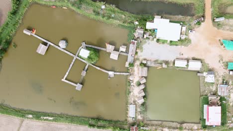 Top-view-of-the-roof-of-a-small-house-located-in-the-middle-of-rice-fields-and-a-pond