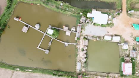 top view of the roof of a small house located in the middle of rice fields and a pond