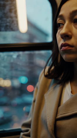 woman looking out of a bus window at night