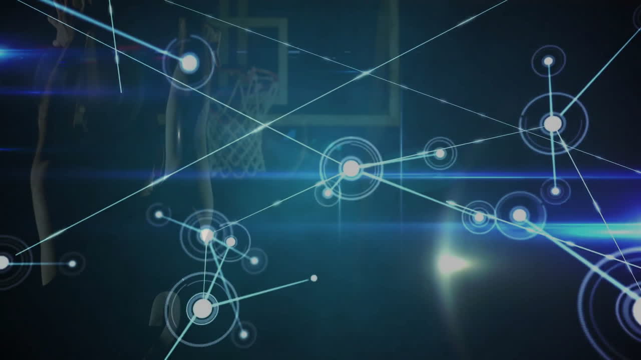 Network of connections and data processing animation over basketball hoop background