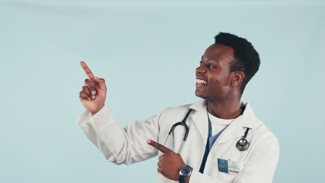 Studio,-black-man-or-doctor-pointing-at-advice