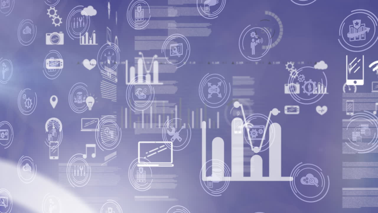 Animation of digital icons with data processing over purple background