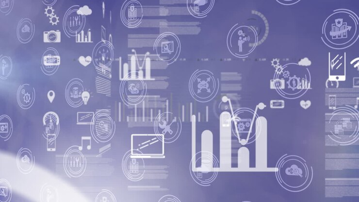 Animation of digital icons with data processing over purple background