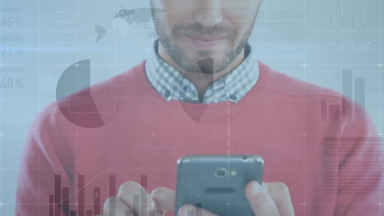 animación de estadísticas y procesamiento de datos sobre un empresario que usa un teléfono inteligente