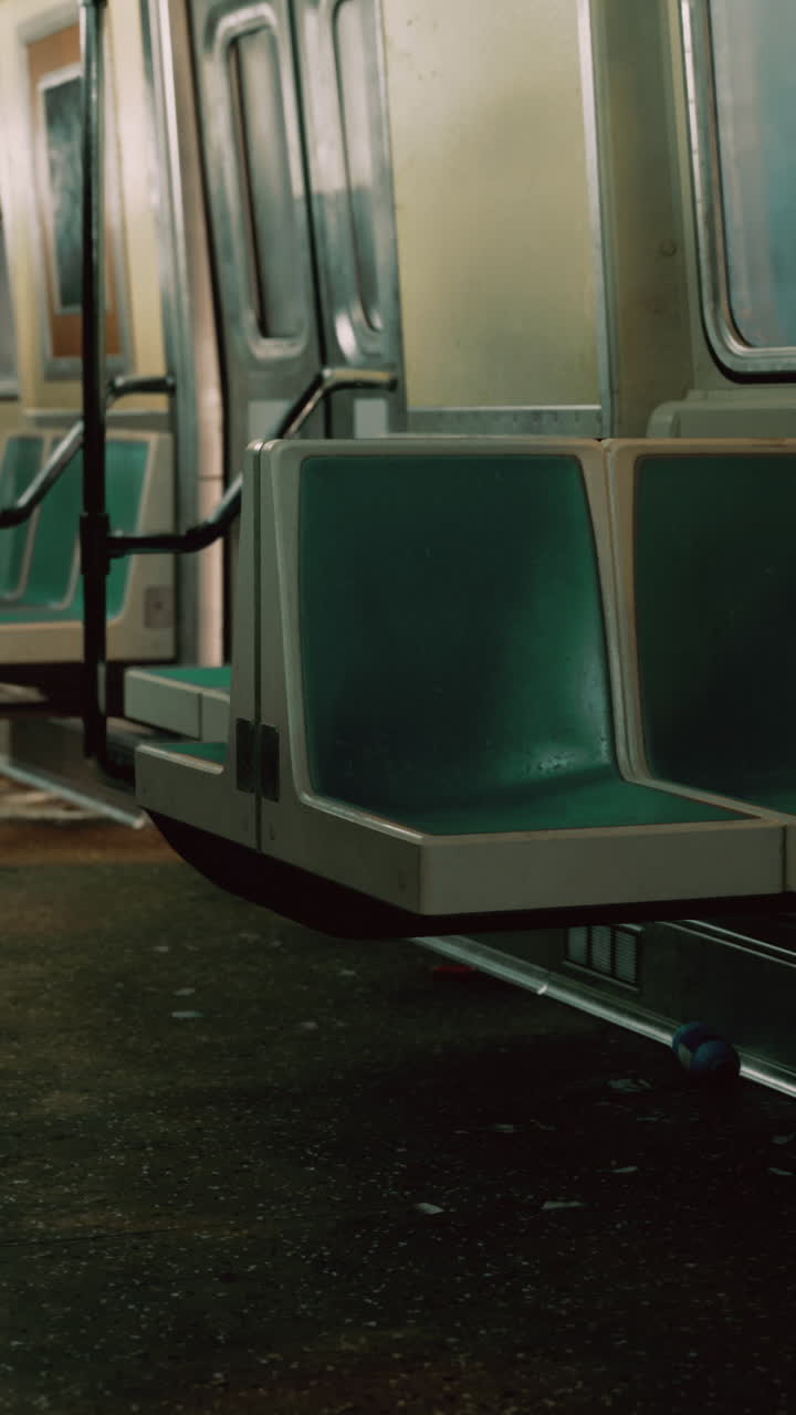 Empty subway car at night with dim lighting and clean seats