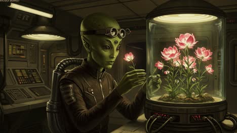a green-hued alien in a futuristic lab carefully nurtures vibrant pink flowers within a transparent enclosure, showcasing an intriguing blend of technology and nature