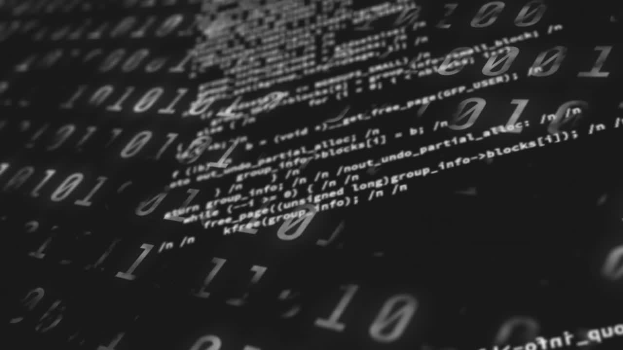 Digital animation of data processing over binary coding data processing on black background