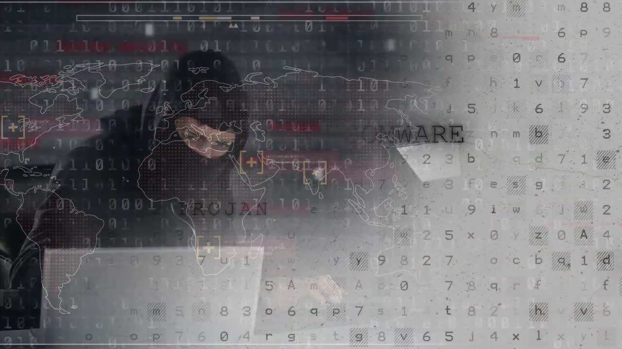 animación del procesamiento de datos sobre un hacker caucásico