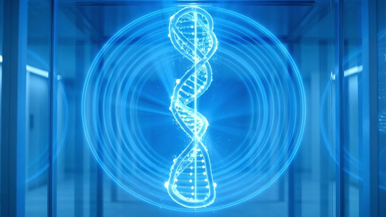 Glowing Blue DNA Double Helix Scanning in a Futuristic Laboratory