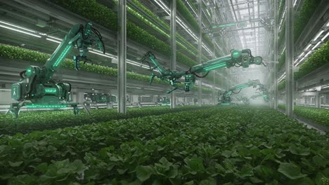 futuristic agricultural robots cultivating lush green crops in a high-tech indoor farm environment with advanced automation and sustainable practices