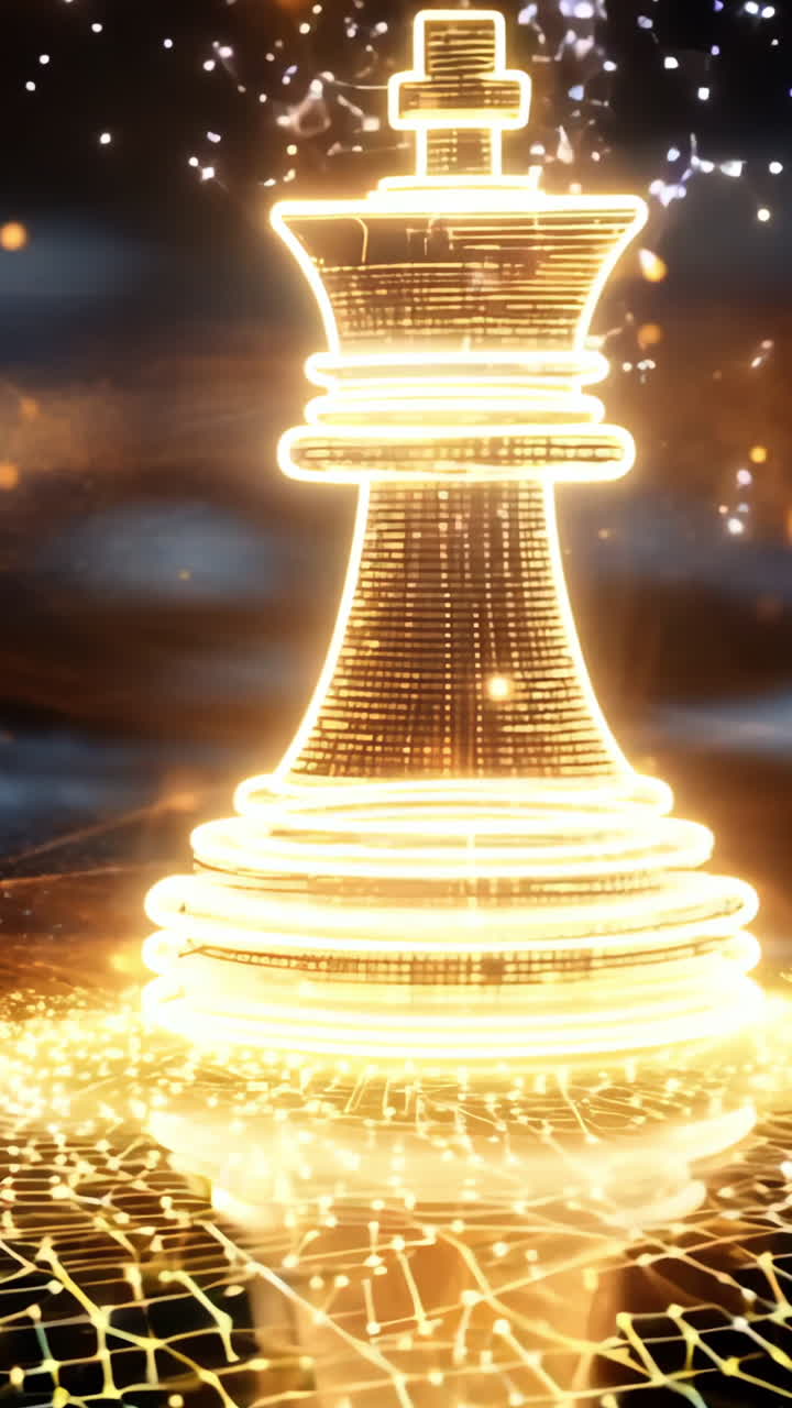 A chess piece is on a black background with a lot of glowing lines. Concept of mystery and intrigue, as the chess piece seems to be the only object in the scene