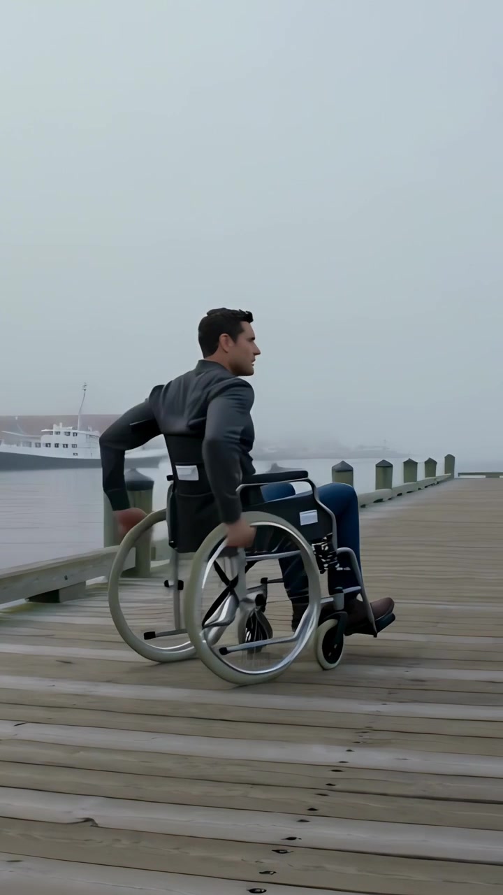 Vertical video: Man in dark jacket jeans pushing rims on wheelchair along foggy pier passing posts