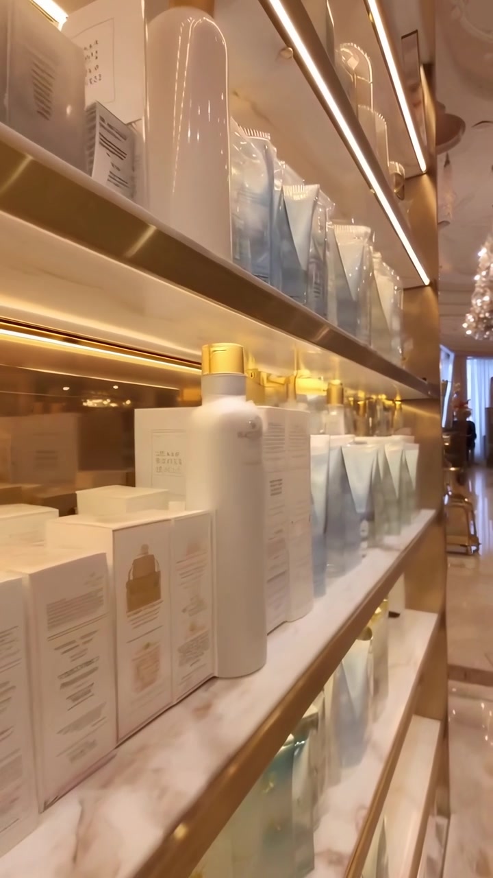 Prodotti skincare esposti su scaffali in un negozio di bellezza di lusso