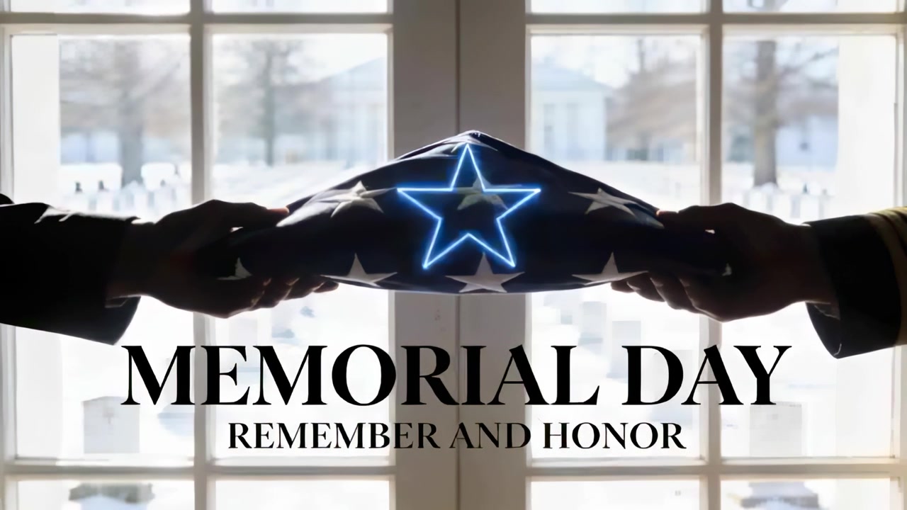 Holding folded US flag, honor guard presenting at chapel, neon star appearing, for MEMORIAL DAY