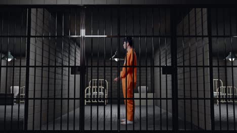 vista lateral del cuerpo completo de un prisionero masculino asiático con esposas de pie en la cárcel, sacudiendo la cabeza molesto por lo que hizo