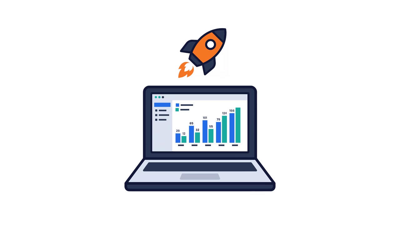 Animated Laptop Displaying Business Growth Charts with Launching Rocket