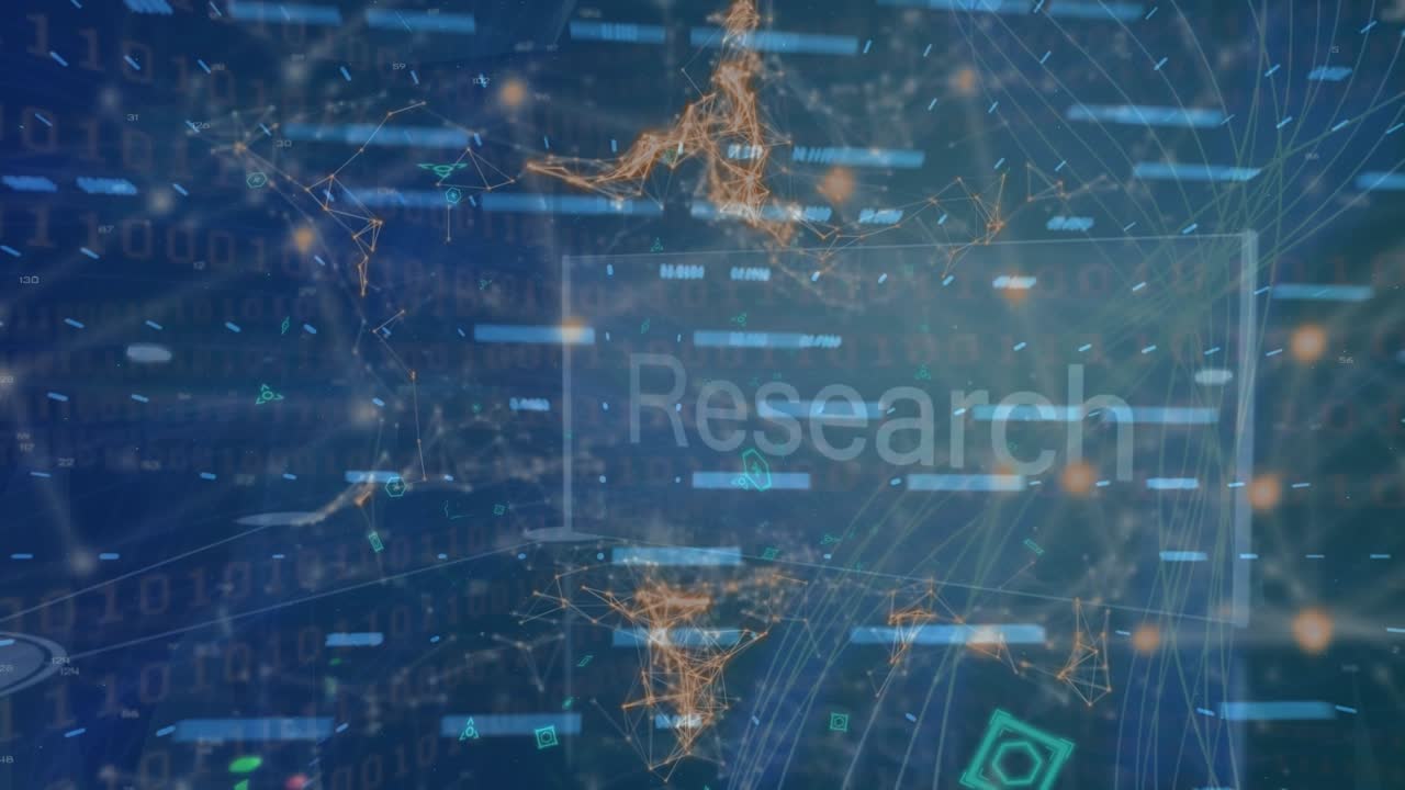 Animation of network of connections with icons and data processing over cityscape