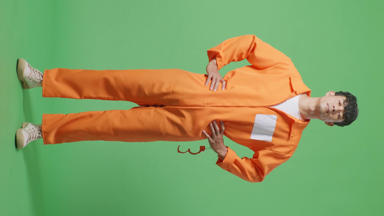 Full Body Of Asian Male Prisoner In Broken Handcuffs Standing With Arms Akimbo On The Green Screen Background, Raising Head And Looking To Camera