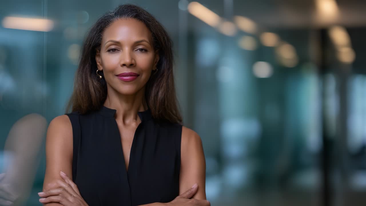 A confident and poised woman stands with her arms crossed against a blurred office background, showcasing her strong presence and self-assured demeanor in a professional environment