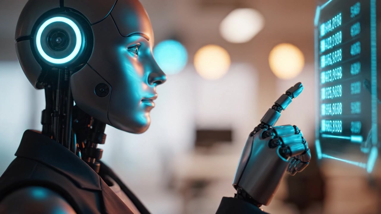 Futuristic Robot Engaging with Digital Interface: Advanced Technology and Human Interaction through AI in a Modern Workspace Environment