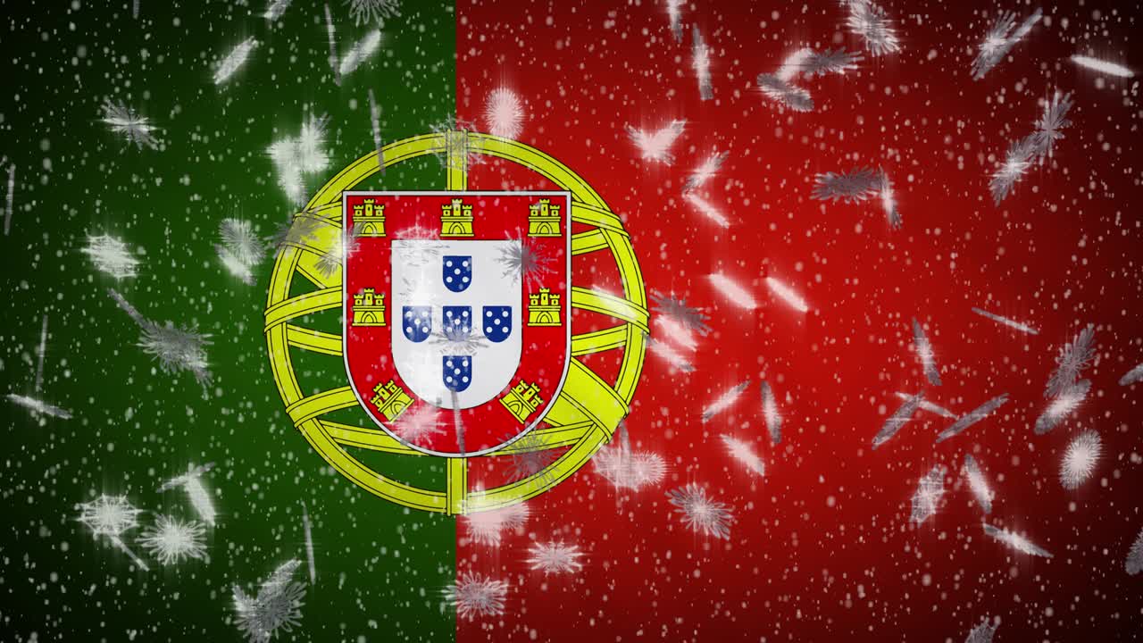 Portugisiska flaggan med fallande snö, loopbar. Nyårs- och julbakgrund, loop.
